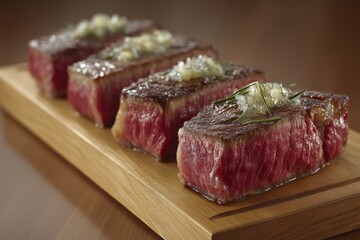 Savory grilled steak pieces garnished with herbs and butter on a wooden serving board in an elegant setting