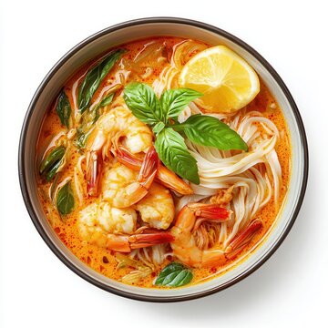 A bowl of laksa with rice noodles coconut milk and shrimp isolated on white background 