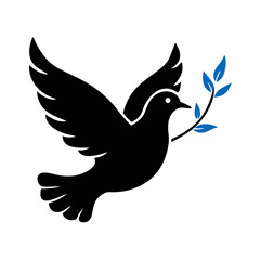 Fototapeta premium Black dove with blue olive branch in symbolic peace design