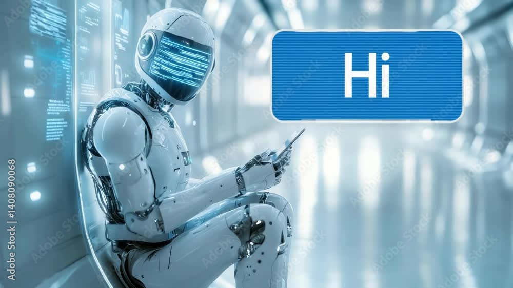 Poster futuristic humanoid robot sitting in a high-tech corridor, using a digital tablet. concept of artifi