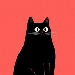 Cute black cat on a vibrant red background.