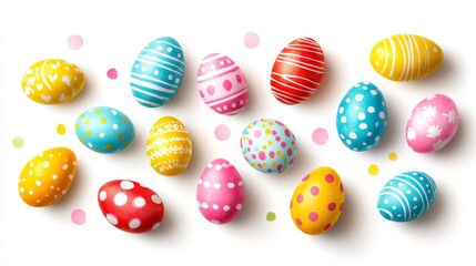 Obraz premium Festive pastel Easter eggs, embellished with stripes, dots, and subtle brushstrokes, cheerfully float against a bright white surface