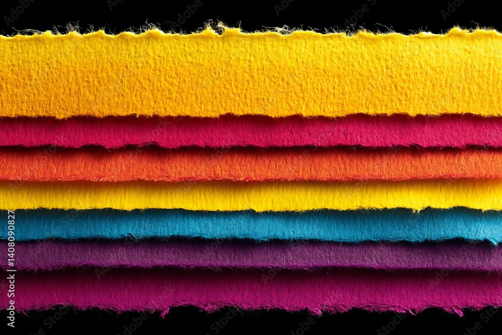 Poster colorful layers of textured paper arranged in vibrant horizontal stripes for artistic display and cr