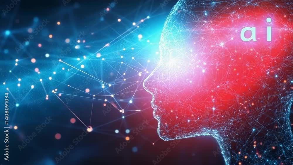 Poster artificial intelligence visualization human head composed of glowing neural network,connected to dig