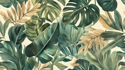 A vibrant tropical leaf pattern in muted greens and beige tones.