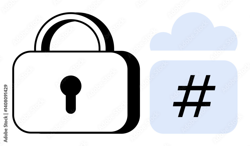 Poster padlock beside cloud containing hash symbol, symbolizing data security and cloud encryption. ideal f