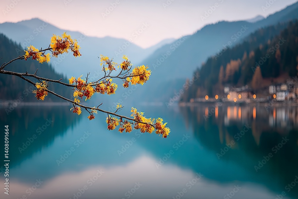 Poster serene lakeside view at twilight with colorful blossoms and mountain backdrop illuminated by soft li