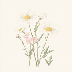 Fototapeta premium Botanical illustration of daisies showcasing naturalistic renditions from 19th-century styles with detailed floral elements Generative AI