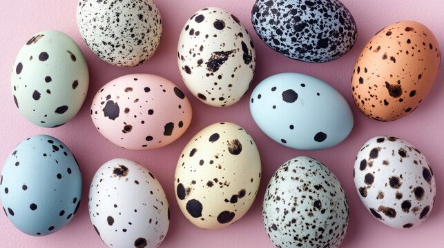 Soft pastel Easter eggs rest on a gentle pink backdrop, celebrating springtime with new beginnings and subtle beauty, enhanced by delicate textures and patterns