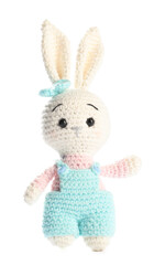 Cute knitted toy bunny isolated on white