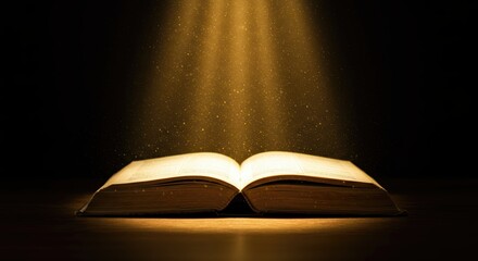 Illuminated open book shedding light against a dark background  
