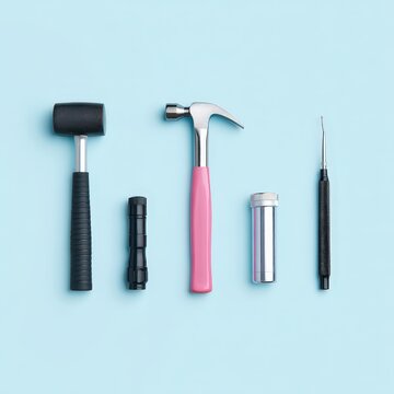 Diagnostic tools flat lay, including reflex hammer, otoscope, and tongue depressor