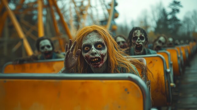 Zombies with eerie appearances occupy a deserted roller coaster, creating a haunting atmosphere in the dim light