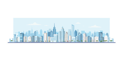 Naklejka premium Blue city skyline with modern buildings in flat style