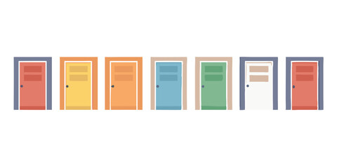 Seven colorful doors in pastel shades flat design
