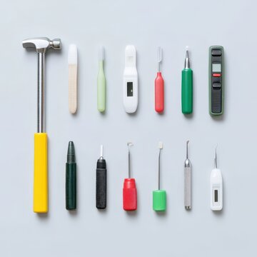 Diagnostic tools flat lay, including reflex hammer, otoscope, and tongue depressor