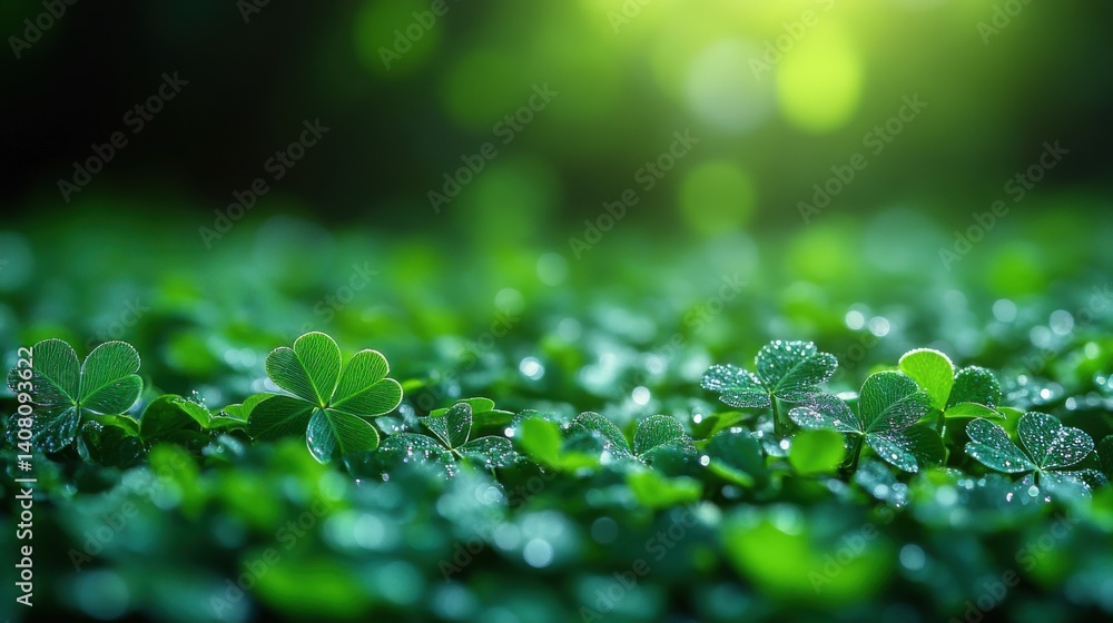 Poster vertical banner st patrick s day scattering of clover leaves abstract bright green background bokeh 