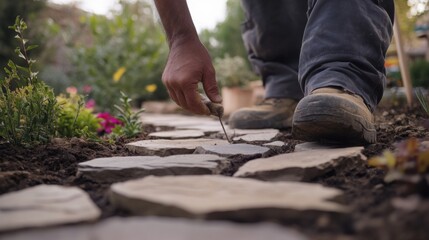 Hispanic mason repairing a stone pathway in a garden. Featuring masonry and garden maintenance