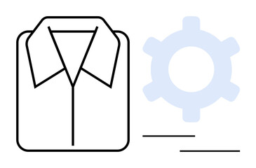 Outline of a formal shirt beside a blue gear icon representing clothing production, tailoring, textile industry, and process optimization. Ideal for apparel, automation, business, fashion