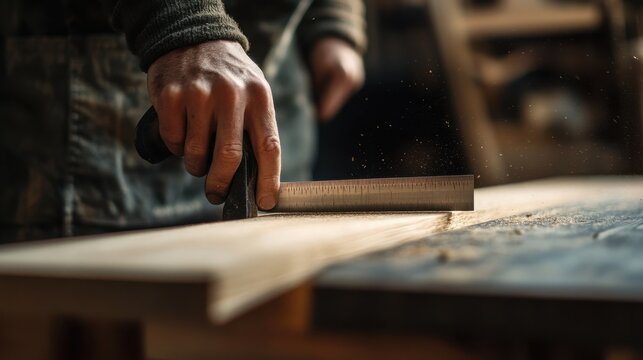 Carpenter measuring and cutting wood for a table. Featuring precision and craftsmanship