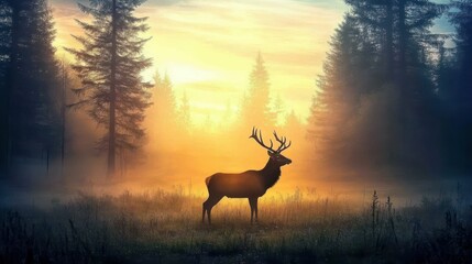 Majestic deer silhouetted, sunrise forest fog.
