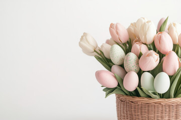 Obraz premium Pastel tulips and decorative eggs in woven basket creating elegant springtime arrangement