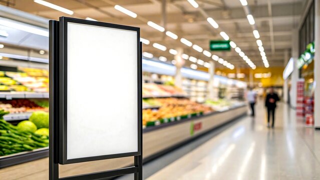 Blank billboard sign in supermarket produce aisle with fruits and vegetables, mockup for advertising or store promotions
