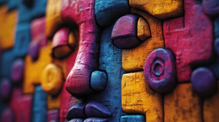 Fototapeta premium A colorful, textured wall displays a face formed by puzzle pieces, reflecting artistic creativity in urban settings