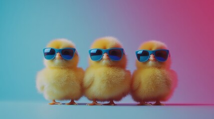 A joyful springtime trio of fluffy yellow chicks, sporting fashionable sunglasses, soaking up the bright blue sky