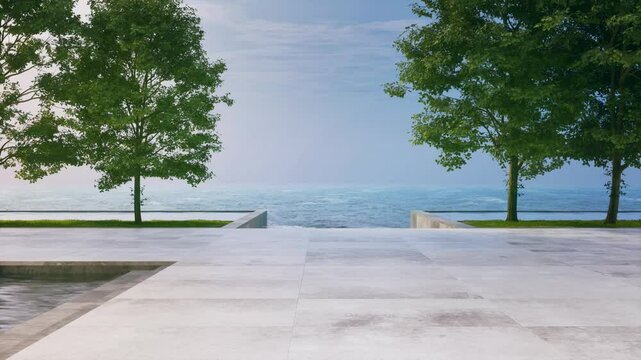 Empty concrete floor terrace near water in pond. 3d rendering of pool with sea and clear sky background.