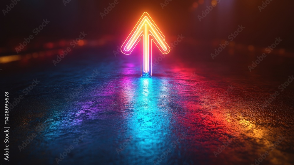 Aufkleber vibrant neon arrow pointing upwards on a black background emitting colorful light trails below a glo