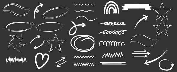 Scribble doodle underline emphasis line shape set. Hand drawn brush stroke highlight speech bubble cloud sparkle arrow element in childish drawing style. Simple vector illustrations.