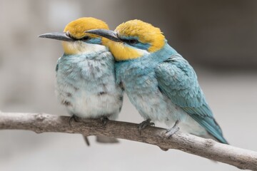 Colorful birds perched closely on a branch in a serene setting during the afternoon light