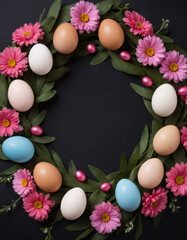 Easter wreath with flowers, colorfull eggs and green leaves for happy easter, spring celebration and greeting card, invitation or banner on dark background with empty space for text or product.