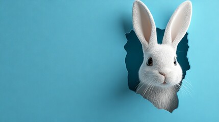 A playful white bunny with soft, delicate fur and captivating eyes peeks out from a bright turquoise background
