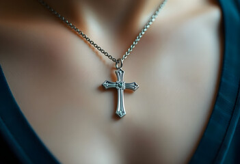 woman wearing a necklace with a cross on it