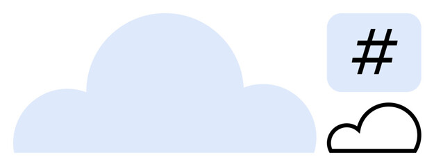 Large light blue cloud icon with black metadata tag in a square and simple black cloud outline. Ideal for technology, social media, networking, weather, digital storage, innovation, simple landing