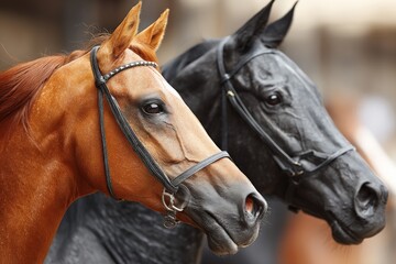 Obraz premium Horses standing side by side highlight the beauty and diversity of equine breeds in a stable setting