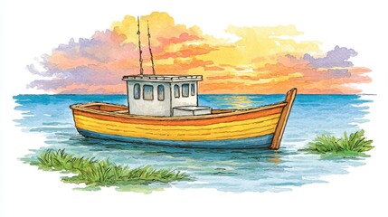 Fototapeta premium Watercolor Painting of Small Yellow Fishing Boat at Sunset