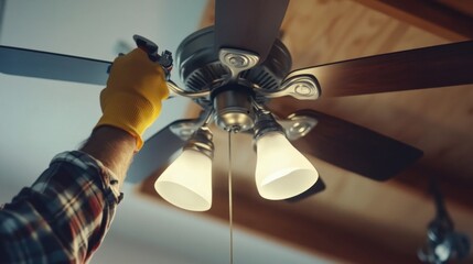 Electrician installing a ceiling fan in a home. Featuring electrical expertise and home improvement