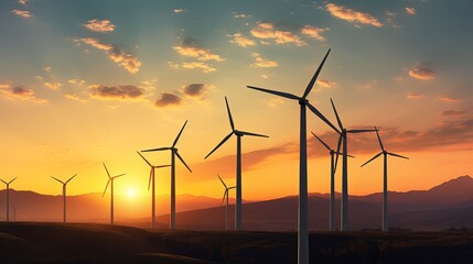 Obraz premium Wind Turbine Silhouettes in Sunset Landscape with Mountain Horizon