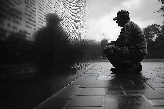 A solitary soldier kneels in somber reflection before a  memorial wall, engraved with names,  honoring the fallen in a moment of solemn remembrance.