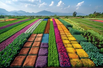 Vibrant flower fields stretch under a blue sky in a rural landscape during daytime