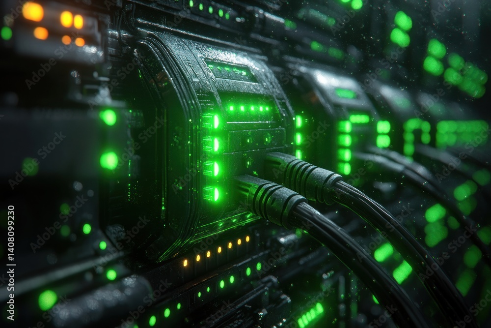 Poster hyper-realistic digital painting of server rack with green leds and ethernet cables