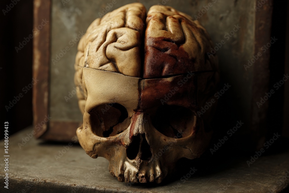 Aufkleber intricate skull design combined with brain model displayed on a rustic surface in dim light