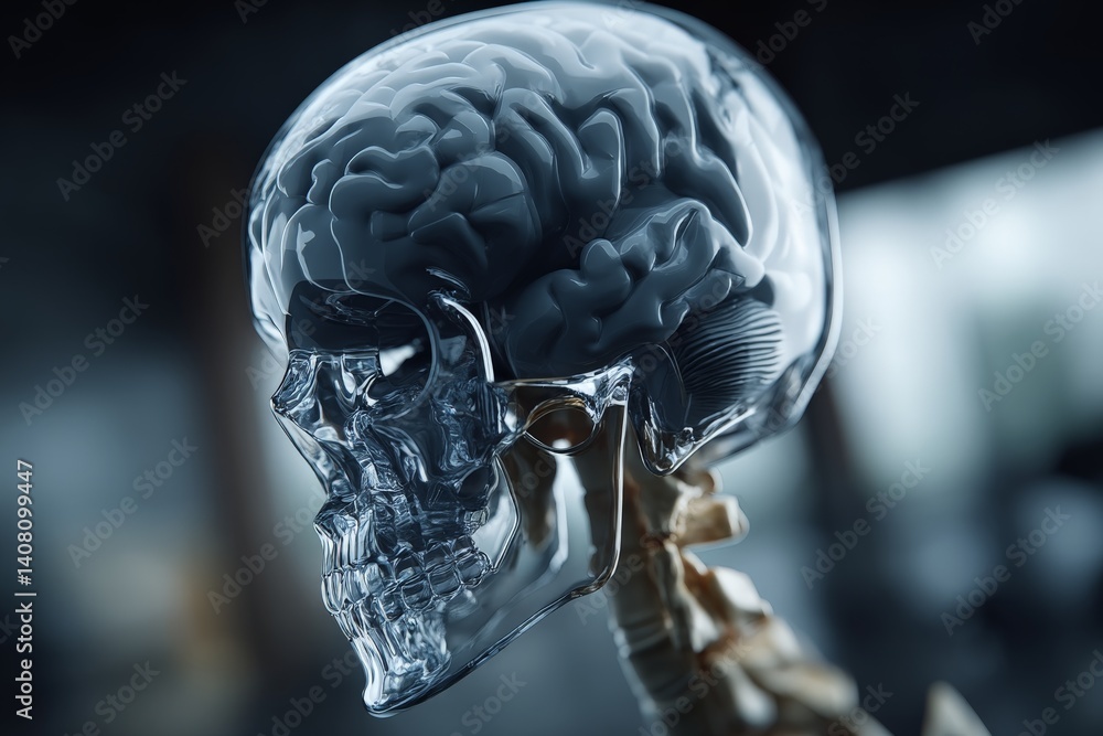 Poster clear model of a human skull with detailed brain representation displayed in a modern setting highli