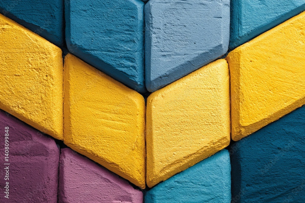 Poster colorful geometric pattern created with painted concrete blocks in a modern urban setting during day