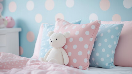 Cute pastel polka dot pattern, soft pink and baby blue, playful vibe