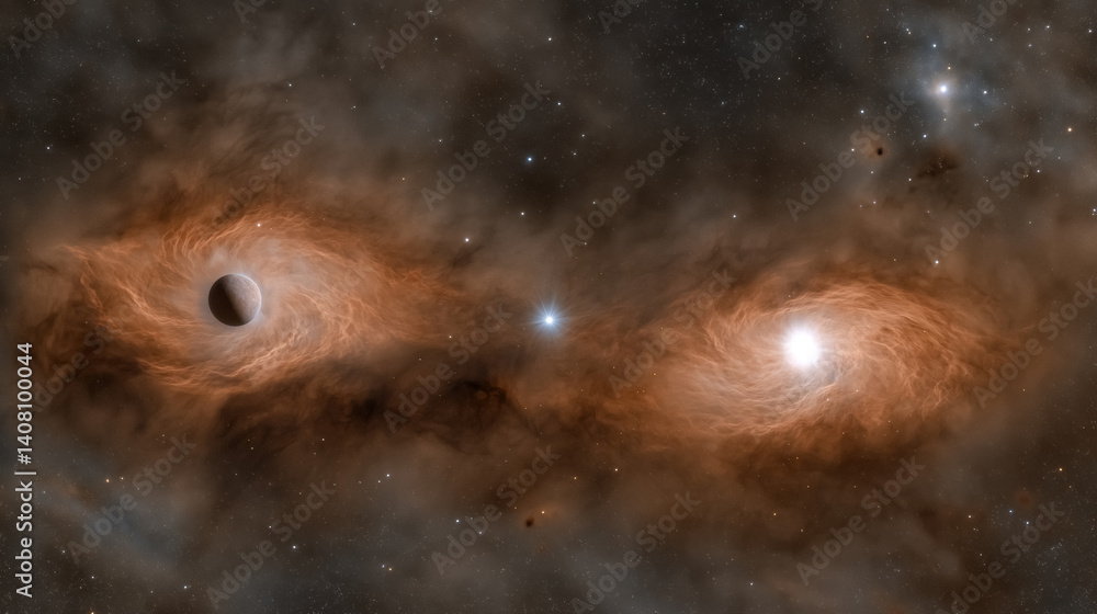 Aufkleber cosmic dance of planet and star enveloped in swirling nebula clouds against backdrop of distant star