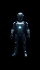 Naklejka premium robot standing in the dark with its head glowing